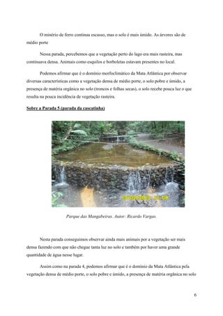 O minério de ferro continua escasso, mas o solo é mais úmido. As árvores são de
médio porte

       Nessa parada, percebemos que a vegetação perto do lago era mais rasteira, mas
continuava densa. Animais como esquilos e borboletas estavam presentes no local.

       Podemos afirmar que é o domínio morfoclimático da Mata Atlântica por observar
diversas características como a vegetação densa de médio porte, o solo pobre e úmido, a
presença de matéria orgânica no solo (troncos e folhas secas), o solo recebe pouca luz o que
resulta na pouca incidência de vegetação rasteira.

Sobre a Parada 5 (parada da cascatinha)




                      Parque das Mangabeiras. Autor: Ricardo Vargas.




       Nesta parada conseguimos observar ainda mais animais por a vegetação ser mais
densa fazendo com que não chegue tanta luz no solo e também por haver uma grande
quantidade de água nesse lugar.

       Assim como na parada 4, podemos afirmar que é o domínio da Mata Atlântica pela
vegetação densa de médio porte, o solo pobre e úmido, a presença de matéria orgânica no solo



                                                                                               6
 