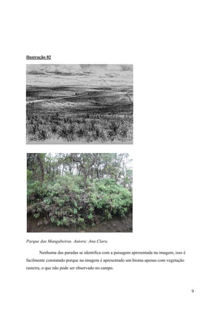 Ilustração 02




Parque das Mangabeiras. Autora: Ana Clara.

       Nenhuma das paradas se identifica com a paisagem apresentada na imagem, isso é
facilmente constatado porque na imagem é apresentado um bioma apenas com vegetação
rasteira, o que não pode ser observado no campo.




                                                                                        9
 