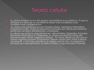 





As células dividem-se em dois grupos: procarióticas e eucarióticas. O que as
distingue é o facto de as eucarióticas serem mais complexas e por
conterem mais complementos.
As células procarióticas possuem Parede Celular, Membrana Plasmática,
Citoplasma e DNA. Todos os organismos formados por células procarióticas
pertencem ao Reino Monera e são unicelulares.
As células eucarióticas possuem Núcleo, Mitocôndrias, Organelos, Vacúolos,
Membrana Plasmática e Citoplasma. As células eucarióticas ainda são
formadas pelas células vegetais e animais. As únicas diferenças são que as
células vegetais possuem Cloroplastos, Parede celular (nem todas e iremos
ver porquê) e Vacúolos grandes e as células animais não. Os organismos
formados por elas pertencem ao Reino Protista, Funga Animalia e Plantae.

 