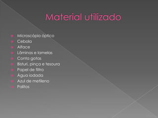 Microscópio óptico
 Cebola
 Alface
 Lâminas e lamelas
 Conta gotas
 Bisturi, pinça e tesoura
 Papel de filtro
 Água iodada
 Azul de metileno
 Palitos


 
