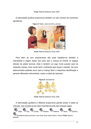 Fonte: Material Didáctico Areal, 2005.


    A estimulação auditiva proporciona também um sem número de momentos
agradáveis.
                           Figura 5: Rádio, Leitor de CD’s e phones.




                             Fonte: Material Didáctico Areal, 2005.


    Para além do som propriamente dito pode trabalhar-se também a
intensidade e origem desse som para que a criança se oriente no espaço
através de pistas sonoras. Este é também um jogo muito popular para as
restantes criança. Uma venda será o suficiente para lançar o desafio. Os sons
seleccionados poderão servir para a criança fazer a respectiva identificação e
apreciar diferentes instrumentos, vozes e ruídos da natureza1.


                                       Figura 6: Campainhas.




                             Fonte: Material Didáctico Areal, 2005.


    A estimulação gustativa e olfactiva proporciona grande prazer a todas as
crianças, mas reveste-se de maior importância junto das crianças cegas.

1
       Beijo,     Cão,       Cavalo,        Pássaro,     Telefone,     Vento,      Guitarra,

     Ambulância (para accionar o som clicar duas vezes sobre o ícone). Fonte: Arquivo
pessoal.


                                                                                         21
 