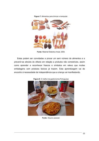 Figura 7: Alimentos para brincar e manipular.




                        Fonte: Material Didáctico Areal, 2005.


   Estas podem ser convidadas a provar um sem número de alimentos e a
prevenir-se através do olfacto em relação a produtos não comestíveis, assim
como aprender a reconhecer frascos e símbolos em relevo que muitas
embalagens com produtos tóxicos já trazem. Esta aprendizagem vai de
encontro à necessidade de independência que a criança vai manifestando.


                    Figura 8: O melhor da gastronomia Portuguesa




                               Fonte: Arquivo pessoal.




                                                                          22
 