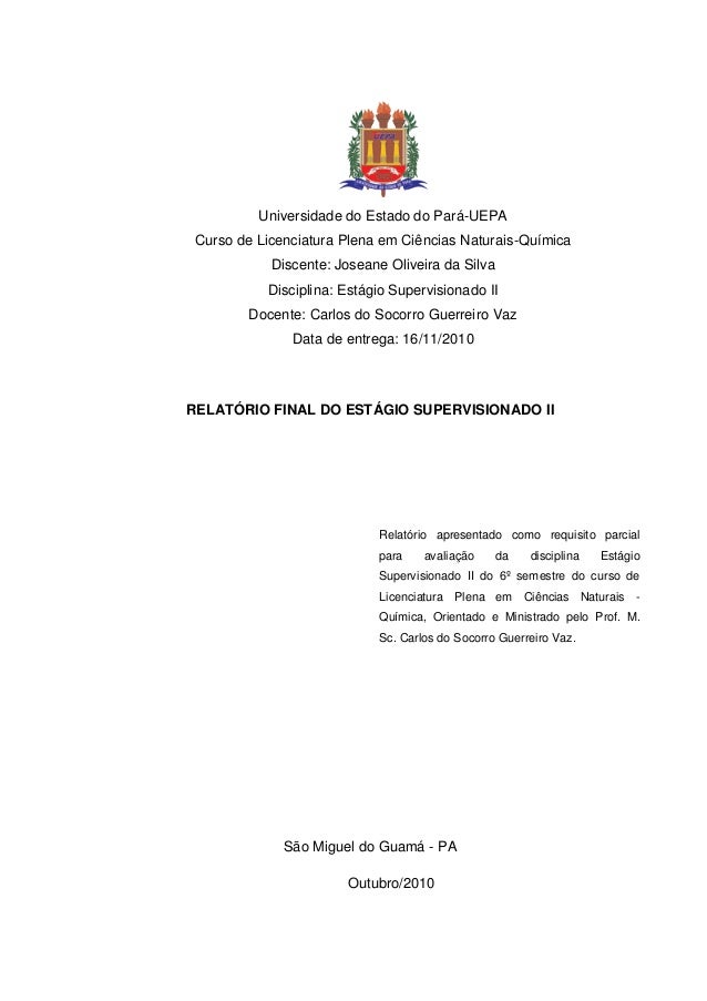 Capa De Um Relatorio De Quimica Relatorio De Estagio Supervisionado Ii Joseane