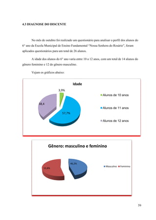 59
4.3 DIAGNOSE DO DISCENTE
No mês de outubro foi realizado um questionário para analisar o perfil dos alunos do
6° ano da Escola Municipal de Ensino Fundamental “Nossa Senhora do Rosário”, foram
aplicados questionários para um total de 26 alunos.
A idade dos alunos do 6° ano varia entre 10 a 12 anos, com um total de 14 alunos do
gênero feminino e 12 do gênero masculino.
Vejam os gráficos abaixo:
3,9%
57,7%
38,4
Idade
Alunos de 10 anos
Alunos de 11 anos
Alunos de 12 anos
46,2%
53,8%
Gênero: masculino e feminino
Masculino Feminino
 