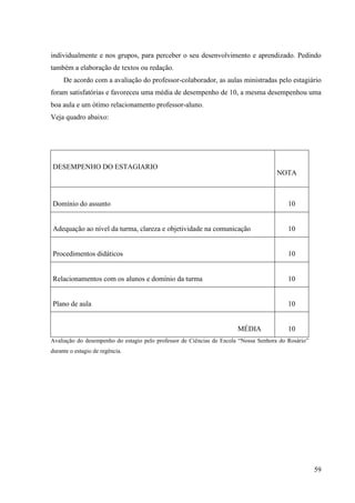 59
individualmente e nos grupos, para perceber o seu desenvolvimento e aprendizado. Pedindo
também a elaboração de textos ou redação.
De acordo com a avaliação do professor-colaborador, as aulas ministradas pelo estagiário
foram satisfatórias e favoreceu uma média de desempenho de 10, a mesma desempenhou uma
boa aula e um ótimo relacionamento professor-aluno.
Veja quadro abaixo:
DESEMPENHO DO ESTAGIARIO
NOTA
Domínio do assunto 10
Adequação ao nível da turma, clareza e objetividade na comunicação 10
Procedimentos didáticos 10
Relacionamentos com os alunos e domínio da turma 10
Plano de aula 10
MÉDIA 10
Avaliação do desempenho do estagio pelo professor de Ciências de Escola “Nossa Senhora do Rosário”
durante o estagio de regência.
 