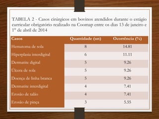 TABELA 2 - Casos cirúrgicos em bovinos atendidos durante o estágio
curricular obrigatório realizado na Coomap entre os dias 13 de janeiro e
1° de abril de 2014
Casos Quantidade (un) Ocorrência (%)
Hematoma de sola 8 14.81
Hiperplasia interdigital 6 11.11
Dermatite digital 5 9.26
Úlcera de sola 5 9.26
Doença de linha branca 5 9.26
Dermatite interdigital 4 7.41
Erosão de talão 4 7.41
Erosão de pinça 3 5.55
 