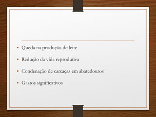 • Queda na produção de leite
• Redução da vida reprodutiva
• Condenação de carcaças em abatedouros
• Gastos significativos
 