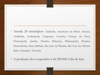 o Atende 20 municípios: Adelândia, Americano do Brasil, Anicuns,
Aurilândia, Avelinópolis, Campestre, Cezarina, Córrego do Ouro,
Firminópolis, Jandaia, Nazário, Palmeiras, Palminópolis, Paraúna,
Sancrerlândia, Santa Bárbara, São João da Paraúna, São Luís dos Montes
Belos, Trindade e Turvânia
o A produção dos cooperados é de 200.000 l/dia de leite
 