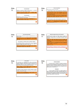 70
Slide
13
Com dois autores
Indicam-se os nomes na ordem em que aparecem na publicação,
separados por ponto-e-vírgula, seguido de espaço
Com três autores
Mencionam-se os nomes de todos, na ordem em que aparecem no
documento, separados por ponto-e-vírgula.
TAMMARO, Anna Maria; SALARELLI, Alberto. A biblioteca digital.
Brasília, DF: Briquet de Lemos, 2008. p. 378
CASACA, João; MATOS, José; BAlO, Marta. Topografia geral. 4. ed.
atual. e aum. São Paulo: LTC, 2007. p. 208
Slide
14
Com mais de três autores
Indica-se apenas o primeiro autor, seguido da expressão latina et aI., que
significa "e outros".
Com organizador, coordenador, editor, compilador, adaptador
Os documentos elaborados por vários autores, com um responsável
intelectual destacado, são referenciados pelo nome deste, seguido da
abreviatura no singular (Org.,Coord., Ed., Comp., etc.).
MAGALHÃES, A. de D. F. et al. Perícia contábil: uma abordagem
teórica, ética, legal, processual e operacional. 4. ed. São Paulo: Atlas,
2004. 168 p.
DIAS, T. R. da S.; SCRIPTORI, C. C. (Org.). Sujeito e escola: estudos
em educação. Florianópolis: Insular, 2008. 245 p.
Slide
15
Autor entidade
Em documentos de responsabilidade de órgãos governamentais,
empresas, associações, congressos, seminários, entra-se pelo nome
completo da entidade, em letras maiúsculas. Quando a entidade tem uma
denominação genérica, seu nome é precedido pelo nome do órgão
superior ou pelo nome da jurisdição geográfica à qual pertence.
Se a edição for revista e aumentada, ou revista e ampliada ou revista e
atualizada, esta informação deve ser acrescentada de forma abreviada:
rev. e aum.; rev. e amp.; rev. e atual.
BRASIL. Ministério da Saúde. Manual técnico do sistema de
informação hospitalar. Brasília, DF, 2007. 197 p.
SEVERINO, Alícia Juliana. Metodologia do trabalho científico. 23. ed.
rev. e atual. São Paulo: Cortez, 2008. p. 304
Slide
16
Parte de uma publicação
Parte de uma obra, com autor e/ou título próprio.
Com autoria própria - quando o autor do capítulo não for o mesmo do livro
Sem autoria própria - quando o autor do capítulo for o mesmo do livro
AUTOR DO CAPÍTULO. Título do capítulo referenciado. In: AUTOR DO
LIVRO. Título do livro. Edição. Local de publicação: Editora, ano de
publicação. Número do volume, número do capítulo e/ou página inicial-
final do capítulo referenciado.
VASCONCELOS, Alícia Marta de. Serviço social e práticas democráticas.
In: BRAVO, Maria; PEREIRA, Patrícia Alícia (Org.). Política social e
democracia. 3. ed. São Paulo: Cortez, 2007. p. 113-135.
TURBAN, Eliane; KING, Daniel. Varejo no comércio eletrônico: produtos e
serviços. In: _________. Comércio eletrônico: estratégia e gestão. São
Paulo: Prentice HaIt, 2004. p. 73-113.
Slide
17
Artigo e/ou matéria de jornal em meio eletrônico
As referências devem obedecer aos padrões indicados para artigo e/ou
matéria de jornal, de acordo com o tópico anterior, acrescidas das
informações à descrição física do meio eletrônico (disquetes, CDROM,
online, etc.).
Não são justificadas, o espaçamento é simples e o espaçamento entre
elas também é simples ou de acordo com as normas da institução.
GUIBU, Fábio. MST inicia jornada de lutas com invasões em
Pernambuco. Folha de São Paulo, São Paulo, 26 jul. 2006. Disponível
em:<http://www1.folha.uol.com.br/folha/brasil/ult96u80715.shtml>. Acesso
em: 26 jul. 2006.
PRESTES, Roseli Senna. A normalização como fator de qualidade ao
trabalho acadêmico. Disponível em: http://www.webartigos.com/artigos
/a-normalizacao-como-fator-de-qualidade-ao-trabalho-cademico/25055/.
Acesso: 18, nov. 2013.
Slide
18
NOTAS DE RODAPÉ
No rodapé devem ser colocadas as indicações, observações,
esclarecimentos ou informações adicionais que venham esclarecer o texto.
As notas de rodapé são indicadas em sobrescrito no texto, no final da
frase, após o ponto final. A informação referente à nota de rodapé deve ser
digitada no final da mesma página em que ocorreu a indicação da nota, em
espaço simples e com fonte tamanho 10.
PAGINAÇÃO
O início da contagem das páginas de um trabalho acadêmico se
realiza a partir da folha de rosto, porém a numeração impressa com o
número correspondente só deve ser feita a partir da primeira folha do texto
(Introdução). Assim, as páginas que antecedem o texto são contadas, mas
não numeradas. A paginação deve ser feita em números arábicos, situada
à 2 cm da margem superior e na lateral direita.
 