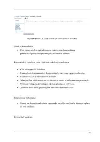 Figura 35 - Estrutura de book de apresentação comum a todos os eworkshops




Sumário do eworkshop
   •   Com este eworkshop pretendemos que conheça uma ferramenta que
       permite divulgar as suas apresentações, documentos e vídeos.



Este workshop virtual tem como objetivo levá-lo em poucas horas a:


   •   Criar um espaço no slideshare
   •   Fazer uploads (carregamentos) de apresentações para o seu espaço no slideshare
   •   Fazer downloads de apresentações de outros
   •   Saber partilhar publicamente ou em alternativa manter privadas as suas apresentações
   •   Conhecer vantagens, desvantagens e potencialidades do slideshare
   •   Adicionar áudio à sua apresentação e transformá-la num slidecast.




Requisitos de participação

   •   Possuir um dispositivo eletrónico computador ou tablet com ligação à internet e placa
       de som funcional.




Regime de Frequência




                                                                                            83
 