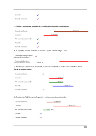 - Discordo:                            0

- Discordo totalmente:                 0




19. Considera adequado que os módulos do eworkshop sejam libertados sequencialmente.


- Concordo totalmente:                                                                          5 (71,43 %)

- Concordo:                                                2 (28,57 %)

- Não concordo nem discordo:           0

- Discordo:                            0

- Discordo totalmente:                 0

20. Se respondeu concordo totalmente ou concordo à questão anterior, indique a razão


- Demasiados conteúdos/tarefas
                                   0
podem ser desmotivadores:

- Assim o trabalho vai-se
realizando de forma faseada:      7 (100,00 %)


21. À medida que o formando vai visualizando os conteúdos e realizando as tarefas, as novas atividades deviam
libertar-se automaticamente.


- Concordo totalmente:                           0

- Concordo:                                                         2 (28,57 %)

- Não concordo nem discordo:                                        2 (28,57 %)

- Discordo:                                                                       3 (42,86 %)

- Discordo totalmente:                           0




22. O módulo das FAQ's (perguntas frequentes) é um importante elemento de ajuda.


- Concordo totalmente:                                         2 (28,57 %)

- Concordo:                                                                             4 (57,14 %)

- Não concordo nem discordo:                         1 (14,29 %)

- Discordo:                                0

- Discordo totalmente:                     0




                                                                                                                135
 