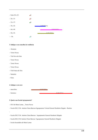 - Entre 20 e 25:                 0

- 26 e 31:                       0

- 32 e 37:                       0

- 38 e 43:                                      2 (22,22 %)

- 44 e 49:                                                       4 (44,44 %)

- 50 e 55:                                              3 (33,33 %)

- +56:                           0




3. Indique o seu concelho de residência

- Alcanena

- Torres Novas

- Vila Nova de Gaia

- Torres Novas

- Torres Novas

- Torres Novas

- Vila Franca de Xira

- Santarém

- Porto



4. Indique o seu sexo

- masculino:                                   3 (33,33 %)

- feminino:                                                             6 (66,67 %)



5. Qual a sua Escola/Agrupamento?

- ES/3 de Maria Lamas _ Torres Novas

- Escola EB 2,3 Dr. António Chora Barroso/Agrupamento Vertical General Humberto Degado - Riachos

-

- Escola EB 2/3 Dr. António Chora Barroso / Agrupamento General Humberto Delgado

- Escola EB 2,3 Dr António Chora Barroso/ Agrupamento General Humberto Delgado

- Escola Secundária de Maria Lamas




                                                                                                   138
 