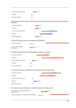 - Não concordo nem discordo:                            1 (8,33 %)

- Discordo:                                    0

- Discordo totalmente:                         0


16. Um só fórum que agregue todas as temáticas (apresentação, notícias e outros aspetos como dúvidas) é mais prático
e facilitador.

- Concordo totalmente:                                       1 (8,33 %)

- Concordo:                                                  1 (8,33 %)

- Não concordo nem discordo:                                                            5 (41,67 %)

- Discordo:                                                                      4 (33,33 %)

- Discordo totalmente:                                       1 (8,33 %)


17. Que tipo de material considera mais facilitador das aprendizagens

- tutoriais em vídeos:
                                     11 (91,67 %)

- tutoriais tipo manual(em
                                            1 (8,33 %)
pdf,doc,ppt):


18. Os guias de atividade (books) são fundamentais para enquadrar os conteúdos.

- Concordo totalmente:                                                    4 (33,33 %)

- Concordo:                                                                                    7 (58,33 %)

- Não concordo nem discordo:                           1 (8,33 %)

- Discordo:                                0

- Discordo totalmente:                     0


19. Considera adequado que os módulos do eworkshop sejam libertados sequencialmente.

- Concordo totalmente:                                                                     6 (50,00 %)

- Concordo:                                                                         5 (41,67 %)

- Não concordo nem discordo:                       0

- Discordo:                                               1 (8,33 %)

- Discordo totalmente:                             0


20. Se respondeu concordo totalmente ou concordo à questão anterior, indique a razão

- Demasiados conteúdos/tarefas podem ser
                                                                             2 (16,67 %)
desmotivadores:

- Assim o trabalho vai-se realizando de forma faseada:
                                                               8 (66,67 %)



                                                                                                                149
 