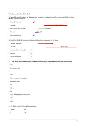 Nota: Ver questões 20a e 20b no final.

21. À medida que o formando vai visualizando os conteúdos e realizando as tarefas, as novas atividades deviam
libertar-se automaticamente.

- Concordo totalmente:                       0

- Concordo:                                                                    6 (50,00 %)

- Não concordo nem discordo:                                  3 (25,00 %)

- Discordo:                                      1 (8,33 %)

- Discordo totalmente:                       0


22. O módulo das FAQ's (perguntas frequentes) é um importante elemento de ajuda.

- Concordo totalmente:                                          4 (33,33 %)

- Concordo:                                                                             8 (66,67 %)

- Não concordo nem discordo:             0

- Discordo:                              0

- Discordo totalmente:                   0


23. Existe algum material didático que tenha sido particularmente útil para a consolidação da aprendizagem

- vídeos

- Tutoriais em vídeo

- .

- vídeos

- Todos os materiais foram úteis.

- os ficheiros audio

- Sim

- Vídeos

- Sim

- Todos os módulos foram muito úteis.

- vídeos

- vídeos


24. Os objetivos do eWorkshop foram atingidos?

- 1 (nada):                  0

- 2:                         0




                                                                                                                150
 