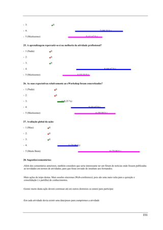 - 3:                             0

- 4:                                                                          7 (58,33 %)

- 5 (Muitíssimo):                                              5 (41,67 %)


25. A aprendizagem repercutir-se-á na melhoria da atividade profissional?

- 1 (Nada):                  0

- 2:                         0

- 3:                         0

- 4:                                                                              8 (66,67 %)

- 5 (Muitíssimo):                                      4 (33,33 %)


26. As suas expectativas relativamente ao eWorkshop foram concretizadas?

- 1 (Nada):                          0

- 2:                                 0

- 3:                                     1 (8,33 %)

- 4:                                                             5 (41,67 %)

- 5 (Muitíssimo):                                                       6 (50,00 %)


27. Avaliação global da ação:

- 1 (Mau):               0

- 2:                     0

- 3:                     0

- 4:                                           3 (25,00 %)

- 5 (Muito Bom):                                                                       9 (75,00 %)


28. Sugestões/comentários:

-Além dos comentários anteriores, também considero que seria interessante ter um fórum de notícias onde fossem publicadas
 as novidades em termos de atividades, para que fosse enviado de imediato aos formandos.


-Mais ações do teipo destas. Mais sessões síncronas (Web-conference), pois são uma mais-valia para a quisição e
 consolidação ( e partilha) de conhecimentos.


-Gostei muito deata ação devem continuar até em outros dominios ca estarei para participar.



-Em cada atividade devia existir uma data/prazo para cumprirmos a atividade




                                                                                                                     151
 