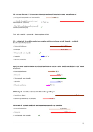 14. As sessões síncronas (Web-conference) são na sua opinião mais importantes em que fase da formação?

- Inicio (para apresentação e esclarecimentos):                           3 (23,08 %)

- A Meio da formação (como apoio e para
apresentação de conteúdos):                           10 (76,92 %)

- Final da formação (para esclarecimento de
                                                       0
dúvidas e sistematização):



Nota: pode visualizar a questão 14a e as suas respostas no final



15. A existência de fóruns diferenciados (apresentação, notícias e geral) como meio de discussão e partilha de
temáticas é muito importante.

- Concordo totalmente:                                                                     6 (46,15 %)

- Concordo:                                                                                6 (46,15 %)

- Não concordo nem discordo:                      0

- Discordo:                                                1 (7,69 %)

- Discordo totalmente:                            0



16. Um só fórum que agregue todas as temáticas (apresentação, notícias e outros aspetos como dúvidas) é mais prático
e facilitador.

- Concordo totalmente:                                                     2 (15,38 %)

- Concordo:                                                                        3 (23,08 %)

- Não concordo nem discordo:                                                             4 (30,77 %)

- Discordo:                                                                        3 (23,08 %)

- Discordo totalmente:                                               1 (7,69 %)



17. Que tipo de material considera mais facilitador das aprendizagens

- tutoriais em vídeos:                                                                                         10 (76,92 %)

- tutoriais tipo manual(em pdf,doc,ppt):                             3 (23,08 %)



18. Os guias de atividade (books) são fundamentais para enquadrar os conteúdos.

- Concordo totalmente:                                                                    6 (46,15 %)

- Concordo:                                                                                      7 (53,85 %)

- Não concordo nem discordo:                  0




                                                                                                                              157
 