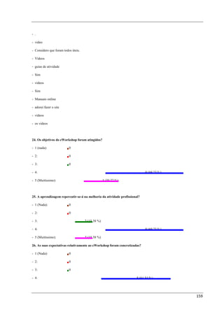 - .

- video

- Considero que foram todos úteis.

- Vídeos

- guias de atividade

- Sim

- vídeos

- Sim

- Manuais online

- adorei fazer o site

- videos

- os videos



24. Os objetivos do eWorkshop foram atingidos?

- 1 (nada):               0

- 2:                      0

- 3:                      0

- 4:                                                                        9 (69,23 %)

- 5 (Muitíssimo):                                  4 (30,77 %)



25. A aprendizagem repercutir-se-á na melhoria da atividade profissional?

- 1 (Nada):               0

- 2:                      0

- 3:                                 2 (15,38 %)

- 4:                                                                        9 (69,23 %)

- 5 (Muitíssimo):                    2 (15,38 %)

26. As suas expectativas relativamente ao eWorkshop foram concretizadas?

- 1 (Nada):               0

- 2:                      0

- 3:                      0

- 4:                                                                   8 (61,54 %)




                                                                                          159
 