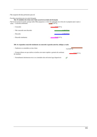 - Não surgiram dúvidas pertinentes para tal.

- Na altura encontrava-me em outra formação
        20a. Os módulos deveriam estar todos acessíveis no inicio da formação.
- Naõ me foi possível assistir, poruqe tenho filhos pequenos e a hora de realização era a hora de os preparar para ir para a
  cama. - Concordo totalmente:                                          1 (7,69 %)

        - Concordo:                                                            2 (15,38 %)

        - Não concordo nem discordo:                                                         4 (30,77 %)

        - Discordo:                                                                          4 (30,77 %)

        - Discordo totalmente:                                                 2 (15,38 %)



        20b. Se respondeu concordo totalmente ou concordo à questão anterior, indique a razão

        - Explorava os conteúdos ao meu ritmo:                                                    3 (23,08 %)

        - Existem alturas em que realizo as tarefas com maior rapidez e gostaria de continuar
                                                                                                                2 (15,38 %)
        de imediato:

        - Normalmente desinteresso-me se os conteúdos não estiverem logo disponíveis:               0




                                                                                                                               161
 