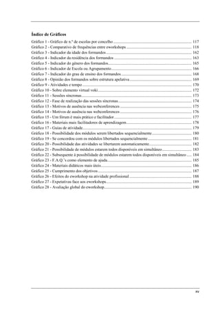 Índice de Gráficos
Gráfico 1 - Gráfico de n.º de escolas por concelho ............................................................................. 117
Gráfico 2 - Comparativo de frequências entre eworkshops ................................................................ 118
Gráfico 3 - Indicador da idade dos formandos .................................................................................... 162
Gráfico 4 - Indicador da residência dos formandos ............................................................................ 163
Gráfico 5 - Indicador do género dos formandos.................................................................................. 165
Gráfico 6 - Indicador de Escola ou Agrupamento ............................................................................... 166
Gráfico 7 - Indicador do grau de ensino dos formandos ..................................................................... 168
Gráfico 8 - Opinião dos formandos sobre estrutura apelativa ............................................................. 169
Gráfico 9 - Atividades e tempo ........................................................................................................... 170
Gráfico 10 - Sobre elemento virtual voki ............................................................................................ 172
Gráfico 11 - Sessões síncronas ............................................................................................................ 173
Gráfico 12 - Fase de realização das sessões síncronas ........................................................................ 174
Gráfico 13 - Motivos de ausência nas webconferences ...................................................................... 175
Gráfico 14 - Motivos de ausência nas webconferences ...................................................................... 176
Gráfico 15 - Um fórum é mais prático e facilitador ............................................................................ 177
Gráfico 16 - Materiais mais facilitadores de aprendizagem ................................................................ 178
Gráfico 17 - Guias de atividade........................................................................................................... 179
Gráfico 18 - Possibilidade dos módulos serem libertados sequencialmente ....................................... 180
Gráfico 19 - Se concordou com os módulos libertados sequencialmente ........................................... 181
Gráfico 20 - Possibilidade das atividades se libertarem automaticamente.......................................... 182
Gráfico 21 - Possibilidade de módulos estarem todos disponíveis em simultâneo ............................. 183
Gráfico 22 - Subsequente à possibilidade de módulos estarem todos disponíveis em simultâneo ..... 184
Gráfico 23 - F.A.Q.’s como elemento de ajuda................................................................................... 185
Gráfico 24 - Materiais didáticos mais úteis ......................................................................................... 186
Gráfico 25 - Cumprimento dos objetivos ............................................................................................ 187
Gráfico 26 - Efeitos do eworkshop na atividade profissional ............................................................. 188
Gráfico 27 - Expetativas face aos eworkshops.................................................................................... 189
Gráfico 28 - Avaliação global do eworkshop...................................................................................... 190




                                                                                                                                            xv
 