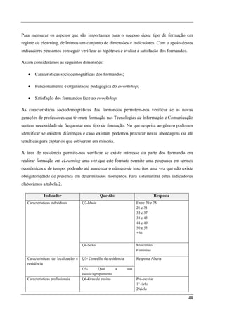 Para mensurar os aspetos que são importantes para o sucesso deste tipo de formação em
regime de elearning, definimos um conjunto de dimensões e indicadores. Com o apoio destes
indicadores pensamos conseguir verificar as hipóteses e avaliar a satisfação dos formandos.

Assim considerámos as seguintes dimensões:

   •    Caraterísticas sociodemográficas dos formandos;

   •    Funcionamento e organização pedagógica do eworkshop;

   •    Satisfação dos formandos face ao eworkshop.

As características sociodemográficas dos formandos permitem-nos verificar se as novas
gerações de professores que tiveram formação nas Tecnologias de Informação e Comunicação
sentem necessidade de frequentar este tipo de formação. No que respeita ao género podemos
identificar se existem diferenças e caso existam podemos procurar novas abordagens ou até
temáticas para captar os que estiverem em minoria.

A área de residência permite-nos verificar se existe interesse da parte dos formando em
realizar formação em eLearning uma vez que este formato permite uma poupança em termos
económicos e de tempo, podendo até aumentar o número de inscritos uma vez que não existe
obrigatoriedade de presença em determinados momentos. Para sistematizar estes indicadores
elaborámos a tabela 2.

              Indicador                          Questão                               Resposta
   Características individuais        Q2-Idade                           Entre 20 e 25
                                                                         26 e 31
                                                                         32 e 37
                                                                         38 e 43
                                                                         44 e 49
                                                                         50 e 55
                                                                         +56


                                      Q4-Sexo                            Masculino
                                                                         Feminino

   Características de localização e   Q3- Concelho de residência         Resposta Aberta
   residência
                                      Q5-       Qual     a         sua
                                      escola/agrupamento
   Características profissionais      Q6-Grau de ensino                  Pré-escolar
                                                                         1º ciclo
                                                                         2ºciclo

                                                                                                  44
 