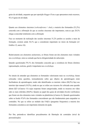 guias de atividade, enquanto que por oposição blogger II era o que apresentava mais recursos,
92 e 8 guias de atividade.




Quanto aos elementos síncronos (webconference / chat), a maioria dos formandos (51,2%)
concorda com a afirmação de que as sessões síncronas são importantes, note-se que 29,3%
chega a concordar totalmente com a afirmação

Face ao momento da realização das sessões síncronas 51,2% prefere as sessões a meio da
formação, existem ainda 34,1% que a consideram importante no início da formação (cf.
Gráfico 12, anexo 16).




Relativamente aos elementos assíncronos, os fóruns foram um dos elementos mais visitados
nos eworkshops, note-se contudo que havia obrigatoriedade de subscrição.

Quando questionados 95,1% dos formandos concorda que a existência de fóruns distintos
(apresentação, notícias, geral) é importante nos eworkshops.




No intuito de entender que elementos os formandos valorizaram mais no eworkshop, foram
colocadas várias questões, nomeadamente sobre que objetos de aprendizagem eram
facilitadores de aprendizagem, tendo sido identificados os tutoriais vídeos (80,5%) face aos
tutoriais tipo manual (19,5%), ainda no que se refere aos recursos foi colocada uma questão
aberta Q23 (cf.anexo 11) cujas respostas foram categorizadas, tendo os recursos em vídeo
sido os mais referidos (48,8%). Quanto ao papel dos guias de atividade (books) verificámos
que foram um dos elementos mais visitados na plataforma (cf.anexo 6). Quando questionados
sobre os books 97,6% dos formandos concordaram que são fundamentais para enquadrar os
conteúdos. No que se refere ao módulo das FAQ’s (perguntas frequentes) a maioria dos
formandos considera-a um importante elemento de ajuda.




Por fim, pretende-se identificar procedimentos de libertação de conteúdos (nível de
personalização).

                                                                                          52
 