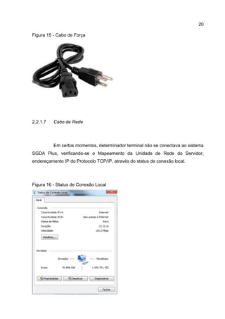 20
Figura 15 - Cabo de Força
Cabo de Rede2.2.1.7
Em certos momentos, determinador terminal não se conectava ao sistema
SGDA Plus, verificando-se o Mapeamento da Unidade de Rede do Servidor,
endereçamento IP do Protocolo TCP/IP, através do status de conexão local.
Figura 16 - Status de Conexão Local
 