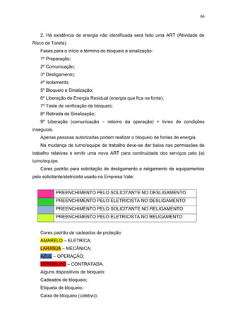 66



    2. Há existência de energia não identificada será feito uma ART (Atividade de
Risco de Tarefa).
    Fases para o início e término do bloqueio e sinalização:
    1º Preparação;
    2º Comunicação;
    3º Desligamento;
    4º Isolamento;
    5º Bloqueio e Sinalização;
    6º Liberação de Energia Residual (energia que fica na fonte);
    7º Teste de verificação de bloqueio;
    8º Retirada de Sinalização;
    9º Liberação (comunicação – retorno da operação) = livres de condições
inseguras.
    Apenas pessoas autorizadas podem realizar o bloqueio de fontes de energia.
    Na mudança de turno/equipe de trabalho deve-se dar baixa nas permissões de
trabalho relativas e emitir uma nova ART para continuidade dos serviços pelo (a)
turno/equipe.
    Cores padrão para solicitação de desligamento e religamento de equipamentos
pelo solicitante/eletricista usado na Empresa Vale:


             PREENCHIMENTO PELO SOLICITANTE NO DESLIGAMENTO
             PREENCHIMENTO PELO ELETRICISTA NO DESLIGAMENTO
             PREENCHIMENTO PELO SOLICITANTE NO RELIGAMENTO
             PREENCHIMENTO PELO ELETRICISTA NO RELIGAMENTO


    Cores padrão de cadeados de proteção:
    AMARELO – ELETRICA;
    LARANJA – MECÂNICA;
    AZUL – OPERAÇÃO;
    VERMELHO – CONTRATADA.
    Alguns dispositivos de bloqueio:
    Cadeados de bloqueio;
    Etiqueta de bloqueio;
    Caixa de bloqueio (coletivo);
 