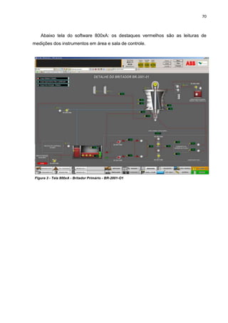 70



    Abaixo tela do software 800xA: os destaques vermelhos são as leituras de
medições dos instrumentos em área e sala de controle.




 Figura 3 - Tela 800xA - Britador Primário - BR-2001-O1
 