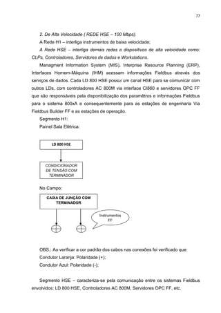 77



   2. De Alta Velocidade ( REDE HSE – 100 Mbps).
   A Rede H1 – interliga instrumentos de baixa velocidade;
   A Rede HSE – interliga demais redes e dispositivos de alta velocidade como:
CLPs, Controladores, Servidores de dados e Workstations.
   Managment Information System (MIS), Interprise Resource Planning (ERP),
Interfaces Homem-Máquina (IHM) acessam informações Fieldbus através dos
serviços de dados. Cada LD 800 HSE possui um canal HSE para se comunicar com
outros LDs, com controladores AC 800M via interface CI860 e servidores OPC FF
que são responsáveis pela disponibilização dos paramêtros e informações Fieldbus
para o sistema 800xA e consequentemente para as estações de engenharia Via
Fieldbus Builder FF e as estações de operação.
   Segmento H1:
   Paínel Sala Elétrica:


         LD 800 HSE




      CONDICIONADOR
      DE TENSÃO COM
       TERMINADOR


   No Campo:

       CAIXA DE JUNÇÃO COM
           TERMINADOR


                                    Instrumentos
                                          FF




   OBS.: Ao verificar a cor padrão dos cabos nas conexões foi verificado que:
   Condutor Laranja: Polaridade (+);
   Condutor Azul: Polaridade (-);


   Segmento HSE – caracteriza-se pela comunicação entre os sistemas Fieldbus
envolvidos: LD 800 HSE, Controladores AC 800M, Servidores OPC FF, etc.
 