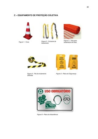 89



C – EQUIPAMENTO DE PROTEÇÃO COLETIVA




                                                                        Figura 3 - Tela para
   Figura 1 - Cone                  Figura 2 - Corrente de
                                                                        Isolamento de Área
                                    Isolamento




               Figura 4 - Fita de Isolamento                 Figura 5 - Placa de Segurança
               Zebrada




                             Figura 6 - Placa de Advertência
 