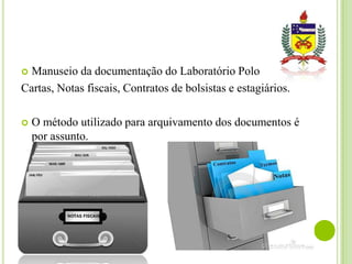 Manuseio da documentação do Laboratório Polo
Cartas, Notas fiscais, Contratos de bolsistas e estagiários.




O método utilizado para arquivamento dos documentos é
por assunto.

 