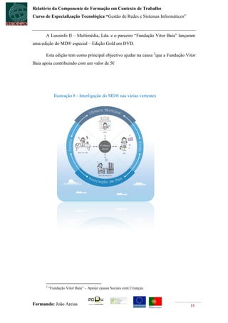 Relatório da Componente de Formação em Contexto de Trabalho
Curso de Especialização Tecnológica “Gestão de Redes e Sistemas Informáticos”



      A Lusoinfo II – Multimédia, Lda. e o parceiro “Fundação Vitor Baía” lançaram
uma edição do MD® especial – Edição Gold em DVD.

      Esta edição tem como principal objectivo ajudar na causa 2que a Fundação Vitor
Baía apoia contribuindo com um valor de 5€




             Ilustração 8 - Interligação do MD® nas várias vertentes




      2
          “Fundação Vitor Baía” – Apoiar causas Sociais com Crianças



Formando: João Areias                                                            18
 