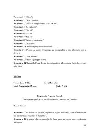 Resposta nº 1) “Ótimo”.
Resposta nº 2)“Bom. Participo”.
Resposta nº 3)“Utiliza os computadores. Mas a TV não”.
Resposta nº 4) “Só participo”.
Resposta nº 5)“Não sei”.
Resposta nº 6)“Não sei””.
Resposta nº 7)“Não sei”
Resposta nº 8)“Leitura e passa dever”
Resposta nº 9) “Só teoria”.
Resposta nº 10)“Vale sempre ponto as atividades”
Resposta nº 11)“Gosto de alguns professores, da coordenadora e não falo muito com a
diretora”
Resposta nº 12)“Desconheço”
Resposta nº 13)“Só de alguns professores. ”
Resposta nº 14)“Educação Física. Porque tem aula prática. Não gosto de Geografia por que
acho difícil”

3.6Aluno

Nome: Kevin Willian

Sexo: Masculino

Idade Aproximada: 13 anos

Série: 7ª MA

Resposta da Pergunta Central:
“É bom, pois os professores não faltam às aulas e a escola não fica atoa”.

Temas Gerais:
Resposta nº 1) “Os alunos são agitados, bagunceiros, alguns professores explicam bem outros
não e a merenda é boa, mais eu não como”.
Resposta nº 2)“Acho que não tem, conselho de classe tem e os alunos, pais e professores
participam”.
30

 