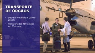 • Decreto Presidencial (junho
2016);
• Transportados 419 órgãos
em 334 voos.
 