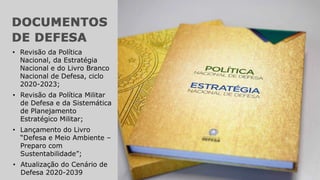• Atualização do Cenário de
Defesa 2020-2039
• Revisão da Política
Nacional, da Estratégia
Nacional e do Livro Branco
Nacional de Defesa, ciclo
2020-2023;
• Revisão da Política Militar
de Defesa e da Sistemática
de Planejamento
Estratégico Militar;
• Lançamento do Livro
“Defesa e Meio Ambiente –
Preparo com
Sustentabilidade”;
 