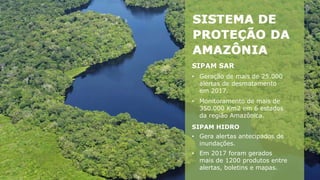 SIPAM SAR
• Geração de mais de 25.000
alertas de desmatamento
em 2017.
• Monitoramento de mais de
350.000 Km2 em 6 estados
da região Amazônica.
SIPAM HIDRO
• Gera alertas antecipados de
inundações.
• Em 2017 foram gerados
mais de 1200 produtos entre
alertas, boletins e mapas.
 
