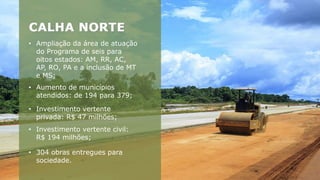 • 304 obras entregues para
sociedade.
• Ampliação da área de atuação
do Programa de seis para
oitos estados: AM, RR, AC,
AP, RO, PA e a inclusão de MT
e MS;
• Aumento de municípios
atendidos: de 194 para 379;
• Investimento vertente
privada: R$ 47 milhões;
• Investimento vertente civil:
R$ 194 milhões;
 