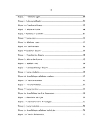 10


Figura 31- Terminar a seção ......................................................................................... 55

Figura 33-Adicionar utilizador ...................................................................................... 56

Figura 34- Consultar utilizador ..................................................................................... 57

Figura 35- Alterar utilizador ......................................................................................... 58

Figura 36 Relatório do utilizador .................................................................................. 59

Figura 37- Menu curso .................................................................................................. 60

Figura 38- Adicionar curso ........................................................................................... 60

Figura 39- Consultar curso ............................................................................................ 61

Figura 40-inserir tipo de curso ...................................................................................... 61

Figura 41- Consultar tipo de curso ................................................................................ 62

Figura 42- Alterar tipo de curso .................................................................................... 63

Figura 43- Imprimir curso ............................................................................................. 63

Figura 44- Gerar relatório tipo de curso ........................................................................ 63

Figura 45- Menu estudante............................................................................................ 64

Figura 46- formulário para adicionar estudante ............................................................ 65

Figura 47- Consultar estudante ..................................................................................... 66

Figura 48- consultar histórico ....................................................................................... 67

Figura 49- Menu inscrição ............................................................................................ 68

Figura 50- formulário de inscrição do estudante........................................................... 69

Figura 51- consulta de inscrição ................................................................................... 69

Figura 52- Consultar histórico de inscrições ................................................................. 70

Figura 53- Menu instituição .......................................................................................... 71

Figura 54- formulário para adicionar instituição .......................................................... 71

Figura 55- Consulta de instituição ................................................................................ 72
 