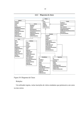 41


                             4.4.1 Diagrama de classe




Figura 10- Diagrama de Classe

  Relações:

  Um utilizador regista, varias inscrições de vários estudantes que pertencem a um curso
ou mas cursos.
 