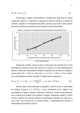 11

(9)
Construindo o gráfico da Resistência X Comprimento pela Área de Seção
Transversal, gráfico 4, e aplicando a equação 9 é possível conhecer o material do
condutor, equação 10. Analisando este gráfico, conclui-se que este é linear, apesar
dos desvios devidos aos possíveis erros ocorridos na coleta dos dados.
Gráfico 4 – Resistência X Comprimento por Área de Seção Transversal (R X L/S)

Resistência Elétrica (Ω)

2,5
2

A
1,5

C

B

1

E
0,5

D

0
0

100

200

300

400

500

600

Comprimento (cm) / Por Área de Seção Transversal (mm²)
Fonte: Autoria Própria

Analisando o gráfico, conclui-se que o único ponto que coincide com a linha
de tendência, portanto, o ponto com menor erro, o ponto C, é o mais adequado para
efetuar o cálculo da resistividade do material. Assumindo, de acordo com a tabela 2,
que no ponto C R = 1,25 Ω; S = 0,20 mm² = 2

m²; L = 60 cm = 0,6 m, calcula-

se a resistividade do material, equação 10, aplicando-se a equação 9.
(10)
Através deste cálculo expresso na equação 6, conclui-se que a resistividade
do material é igual a

, o que, comparando com a tabela 3 da

resistividade de alguns materiais condutores, obtém-se, através da aproximação,
que o material que compõe o fio condutor é o Níquel. Analisando a tabela 3, não há
nenhum material com mesmos valores da resistividade calculada, de modo que o
único valor que encontra-se na mesma escala e matematicamente próximo a
resistividade encontrada é o Níquel.

 
