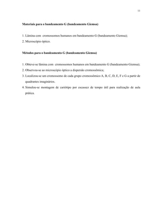 Materiais para o bandeamento G (bandeamento Giemsa)
1. Lâmina com cromossomos humanos em bandeamento G (bandeamento Giemsa);
2. Microscópio óptico.
Métodos para o bandeamento G (bandeamento Giemsa)
1. Obteve-se lâmina com cromossomos humanos em bandeamento G (bandeamento Giemsa);
2. Observou-se ao microscópio óptico a dispersão cromossômica;
3. Localizou-se um cromossomo de cada grupo cromossômico A, B, C, D, E, F e G a partir de
quadrantes imaginários.
4. Simulou-se montagem de cariótipo por escassez de tempo útil para realização de aula
prática.
11
 