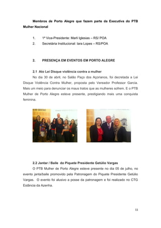 Membros de Porto Alegre que fazem parte da Executiva do PTB
Mulher Nacional
1.

1ª Vice-Presidente: Marli Iglesias – RS/ POA

2.

Secretária Institucional: Iara Lopes – RS/POA

2.

PRESENÇA EM EVENTOS EM PORTO ALEGRE

2.1 Ato Lei Disque violência contra a mulher
No dia 30 de abril, no Salão Paço dos Açorianos, foi decretada a Lei
Disque Violência Contra Mulher, proposta pelo Vereador Professor Garcia.
Mais um meio para denunciar os maus tratos que as mulheres sofrem. E o PTB
Mulher de Porto Alegre esteve presente, prestigiando mais uma conquista
feminina.

2.2 Jantar / Baile do Piquete Presidente Getúlio Vargas
O PTB Mulher de Porto Alegre esteve presente no dia 05 de julho, no
evento janta/baile promovido pela Patronagem do Piquete Presidente Getúlio
Vargas. O evento foi alusivo a posse da patronagem e foi realizado no CTG
Estância da Azenha.

11

 