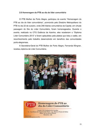 2.6 Homenagem do PTB ao dia do líder comunitário
O PTB Mulher de Porto Alegre, participou do evento “Homenagem do
PTB ao dia do líder comunitários”, promovido pelo Diretório Metropolitano do
PTB no dia 22 de outubro, onde 246 líderes comunitários da Capital, em virtude
passagem do Dia do Líder Comunitário, foram homenageados. Durante o
evento, realizado no CTG Estância da Azenha, eles receberam o “Diploma
Líder Comunitário 2013” e foram aplaudidos pela plateia que lotou o salão, em
reconhecimento pelo trabalho desenvolvido em benefício das comunidades
porto-alegrenses.
A Secretária-Geral do PTB Mulher de Porto Alegre, Fernanda Klingner,
recebeu diploma de Líder Comunitária.

15

 