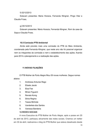 f) 02/12/2013
Estavam presentes: Maria Horacia, Fernanda Klingner, Pingo Vilar e
Claudia Froes.
g) 05/12/2013
Estavam presentes: Maria Horacia, Fernanda Klingner, Roni da casa da
Sopa e Claudia Froes.

10.5 Comissão PTB Ambiental
Ainda está previsto mais uma comissão do PTB do Meio Ambiente,
coordenada pela Fernanda Klingner, que neste ano não foi possível organizar
nem os integrantes da comissão e nem o estabelecimento das ações, ficando
para 2014 o planejamento e a realização das ações.

11.NOVAS FILIAÇÕES

O PTB Mulher de Porto Alegre filiou 09 novas mulheres. Segue nomes
abaixo:
1.

Andressa Antunes Rego

2.

Elisete Jacob

3.

Eloa Fae

4.

Mirian Figueiró

5.

Renata Konig

6.

Silvia Regina

7.

Tassia Minhote

8.

Vanderleia dos Santos

9.

Vanessa Bandeira

12.REDES SOCIAIS
A nova Executiva do PTB Mulher de Porto Alegre, após a posse em 20
de abril de 2013, participou ativamente das redes sociais. Criamos um twitter
em 30 de abril, reativamos o blog do PTB Mulher que estava desativado desde
72

 