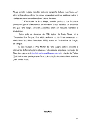 Alegre também realizou mais três ações na campanha Outubro rosa: folder com
informações sobre o câncer de mama, uma palestra sobre a saúde da mulher e
divulgação nas redes sociais sobre o câncer de mama
O PTB Mulher de Porto Alegre, também participou dos Encontros
promovidos pelo PTB Mulher RS, da Presidente Márcia Tedesco. Os encontros
em que Porto Alegre estiveram presentes foram em Taquara, Garibaldi e
Uruguaiana.
Outra ação de destaque do PTB Mulher de Porto Alegre foi a
“Campanha Doe Sangue, Doe Vida”, realizada no dia 25 de novembro, no
Hemocentro (Av. Bento Gonçalves, 3722), alusiva ao Dia Nacional de Doação
de Sangue.
E para finalizar, o PTB Mulher de Porto Alegre, esteve presente e
interagindo de forma bastante ativa nas redes sociais, através da reativação do
Blog do movimento (http://ptbmulherpoa.blogspot.com.br/), criação do Twitter
(@ptbmulherpoa), postagens no Facebook e criação de uma conta no you tube
(PTB Mulher POA).

ANEXOS:

81

 