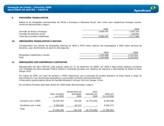 Prestação de Contas – Exercício 2009
RELATÓRIO DE GESTÃO – PARTE B


   9.    PROVISÕES TRABALHISTAS

         Refere-se às obrigações provisionadas de Férias e Encargos e Descanso Anual, bem como seus respectivos encargos sociais,
         conforme demonstrado a seguir:

                                                                                                    2009                      2008
         Provisão de férias e encargos                                                         3.608.439                 2.587.324
         Provisão de descanso anual                                                                    -                   130.642
         Total das provisões trabalhistas                                                      3.608.439                 2.717.966

   10.   OBRIGAÇÕES TRABALHISTAS E SOCIAIS

         Correspondem aos valores de obrigações relativas ao INSS e FGTS sobre salários dos empregados e INSS sobre serviços de
         terceiros, cujo recolhimento se dará no mês seguinte.

                                                                                                    2009                     2008
         Obrigações trabalhistas e sociais                                                     1.563.808                2.333.503
         Total                                                                                 1.563.808                2.333.503

   11.   OBRIGAÇÕES COM CONVÊNIOS E CONTRATOS

         Representado por R$17.590.041 (não possuía saldo em 31 de dezembro de 2008). Em 2009 a Apex-Brasil celebrou convênios
         com Entidades da Administração Pública Federal e empresas privadas com objetivo de organizar a participação do Brasil na Expo
         Xangai 2010.

         Em março de 2009, por meio de portaria, o MDIC determinou que a execução do projeto brasileiro na Expo ficaria a cargo da
         Apex-Brasil por sua reconhecida experiência na promoção do Brasil internacionalmente.
         A Vale será a patrocinadora oficial do Pavilhão Brasileiro na Expo 2010 em Xangai, China.

         Os convênios firmados pela Apex-Brasil em 2009 estão demonstrados a seguir:


                                                              Rendimento de            Valor
                                             Valor recebido       aplicações   realizado em         Saldo em
                                                  em 2009              2009            2009       31/12/2009

          Convênio com o MDIC                  18.236.340            89.558    (9.776.429)          8.549.468

          Convênios com a Vale                  9.000.000            40.573                -        9.040.573
          Total
                                               27.236.340           130.130    (9.776.429)         17.590.041
 
