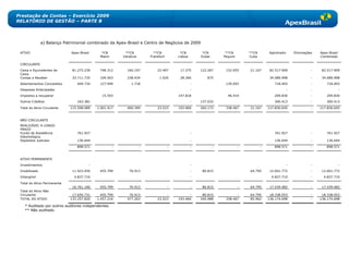 Prestação de Contas – Exercício 2009
RELATÓRIO DE GESTÃO – PARTE B



               a) Balanço Patrimonial combinado da Apex-Brasil e Centro de Negócios de 2009

 ATIVO                       Apex-Brasil     *CN          **CN            **CN           *CN          *CN         **CN        **CN       Aglutinado       Eliminações   Apex-Brasil
                                            Miami        Varsóvia       Frankfurt       Lisboa       Dubai       Pequim       Cuba                                      Combinado

 CIRCULANTE
 Caixa e Equivalentes de      81.273.239    748.312        160.197          22.497       17.275      122.267      152.955     21.167      82.517.909                -    82.517.909
 Caixa
 Contas a Receber             33.711.735    109.563        238.434           1.026       28.366         875                               34.089.998                -    34.089.998
 Adiantamentos Concedidos       449.734     127.949          1.718                               -                139.093                   718.493                 -       718.493
 Despesas Antecipadas                                                                            -                                                    -             -                 -
 Impostos a recuperar                        15.593                                     147.818                    46.419                   209.830                 -       209.830
 Outros Créditos                163.381                                                          -   137.032                                300.413                 -       300.413

 Total do Ativo Circulante   115.598.089   1.001.417       400.349          23.523      193.460      260.173      338.467     21.167     117.836.645                -   117.836.645



 NÃO CIRCULANTE
 REALIZÁVEL A LONGO
 PRAZO
 Fundo de Assistência           761.927                                                          -                                          761.927                 -       761.927
 Odontológica
 Depósitos Judiciais            136.644                                                          -                                          136.644                 -       136.644

                                898.571              -              -               -            -           -            -          -      898.571                 -       898.571


 ATIVO PERMANENTE
 Investimentos                         -                                                         -                                                    -             -                 -
 Imobilizado                  11.923.450    455.799         76.913                               -    80.815                  64.795      12.601.772                -    12.601.772
 Intangível                    4.837.710                                                         -                                         4.837.710                -     4.837.710

 Total do Ativo Permanente
                              16.761.160    455.799         76.913                  -            -    80.815              -   64.795      17.439.482                -    17.439.482
 Total do Ativo Não
 Circulante                   17.659.731     455.799        76.913               -            -       80.815            -     64.795      18.338.053                -    18.338.053
 TOTAL DO ATIVO              133.257.820   1.457.216       477.263          23.523      193.460      340.988      338.467     85.962     136.174.698                -   136.174.698

    * Auditado por outros auditores independentes.
    ** Não auditado
 