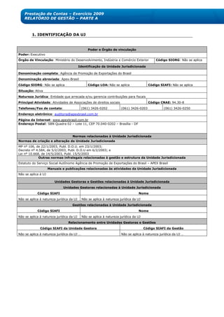Prestação de Contas – Exercício 2009
    RELATÓRIO DE GESTÃO – PARTE A



         1. IDENTIFICAÇÃO DA UJ


                                                Poder e Órgão de vinculação
Poder: Executivo
Órgão de Vinculação: Ministério do Desenvolvimento, Indústria e Comércio Exterior           Código SIORG: Não se aplica

                                          Identificação da Unidade Jurisdicionada

Denominação completa: Agência de Promoção de Exportações do Brasil
Denominação abreviada: Apex-Brasil
Código SIORG: Não se aplica                     Código LOA: Não se aplica               Código SIAFI: Não se aplica
Situação: Ativa
Natureza Jurídica: Entidade que arrecada e/ou gerencia contribuições para fiscais
Principal Atividade: Atividades de Associações de direitos sociais                      Código CNAE: 94.30-8
Telefones/Fax de contato:                   (061) 3426-0202           (061) 3426-0203             (061) 3426-0250
Endereço eletrônico: auditoria@apexbrasil.com.br
Página da Internet: www.apexbrasil.com.br
Endereço Postal: SBN Quadra 02 – Lote 11, CEP 70.040-0202 – Brasília - DF



                                   Normas relacionadas à Unidade Jurisdicionada
Normas de criação e alteração da Unidade Jurisdicionada
MP nº 106, de 22/1/2003, Publ. D.O.U. em 23/1/2003;
Decreto nº 4.584, de 5/2/2003, Publ. D.O.U em 6/2/2003; e
Lei nº 10.668, de 14/5/2003, Publ. 15/5/2003
             Outras normas infralegais relacionadas à gestão e estrutura da Unidade Jurisdicionada
Estatuto do Serviço Social Autônomo Agência de Promoção de Exportações do Brasil – APEX Brasil
                     Manuais e publicações relacionadas às atividades da Unidade Jurisdicionada
Não se aplica à UJ

                         Unidades Gestoras e Gestões relacionadas à Unidade Jurisdicionada
                              Unidades Gestoras relacionadas à Unidade Jurisdicionada
            Código SIAFI                                                         Nome
Não se aplica à natureza jurídica da UJ     Não se aplica à natureza jurídica da UJ
                                   Gestões relacionadas à Unidade Jurisdicionada
            Código SIAFI                                                         Nome
Não se aplica à natureza jurídica da UJ     Não se aplica à natureza jurídica da UJ
                                 Relacionamento entre Unidades Gestoras e Gestões
              Código SIAFI da Unidade Gestora                                         Código SIAFI da Gestão
Não se aplica à natureza jurídica da UJ …                             Não se aplica à natureza jurídica da UJ …
 