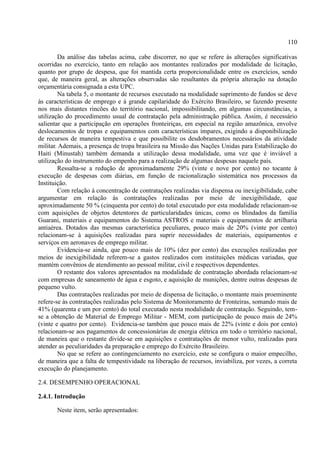 110
Da análise das tabelas acima, cabe discorrer, no que se refere às alterações significativas
ocorridas no exercício, tanto em relação aos montantes realizados por modalidade de licitação,
quanto por grupo de despesa, que foi mantida certa proporcionalidade entre os exercícios, sendo
que, de maneira geral, as alterações observadas são resultantes da própria alteração na dotação
orçamentária consignada a esta UPC.
Na tabela 5, o montante de recursos executado na modalidade suprimento de fundos se deve
às características de emprego e à grande capilaridade do Exército Brasileiro, se fazendo presente
nos mais distantes rincões do território nacional, impossibilitando, em algumas circunstâncias, a
utilização do procedimento usual de contratação pela administração pública. Assim, é necessário
salientar que a participação em operações fronteiriças, em especial na região amazônica, envolve
deslocamentos de tropas e equipamentos com características ímpares, exigindo a disponibilização
de recursos de maneira tempestiva e que possibilite os desdobramentos necessários da atividade
militar. Ademais, a presença de tropa brasileira na Missão das Nações Unidas para Estabilização do
Haiti (Minustah) também demanda a utilização dessa modalidade, uma vez que é inviável a
utilização do instrumento do empenho para a realização de algumas despesas naquele país.
Ressalta-se a redução de aproximadamente 29% (vinte e nove por cento) no tocante à
execução de despesas com diárias, em função de racionalização sistemática nos processos da
Instituição.
Com relação à concentração de contratações realizadas via dispensa ou inexigibilidade, cabe
argumentar em relação às contratações realizadas por meio de inexigibilidade, que
aproximadamente 50 % (cinquenta por cento) do total executado por esta modalidade relacionam-se
com aquisições de objetos detentores de particularidades únicas, como os blindados da família
Guarani, materiais e equipamentos do Sistema ASTROS e materiais e equipamentos de artilharia
antiaérea. Dotados das mesmas característica peculiares, pouco mais de 20% (vinte por cento)
relacionam-se à aquisições realizadas para suprir necessidades de materiais, equipamentos e
serviços em aeronaves de emprego militar.
Evidencia-se ainda, que pouco mais de 10% (dez por cento) das execuções realizadas por
meios de inexigibilidade referem-se a gastos realizados com instituições médicas variadas, que
mantém convênios de atendimento ao pessoal militar, civil e respectivos dependentes.
O restante dos valores apresentados na modalidade de contratação abordada relacionam-se
com empresas de saneamento de água e esgoto, e aquisição de munições, dentre outras despesas de
pequeno vulto.
Das contratações realizadas por meio de dispensa de licitação, o montante mais proeminente
refere-se às contratações realizadas pelo Sistema de Monitoramento de Fronteiras, somando mais de
41% (quarenta e um por cento) do total executado nesta modalidade de contratação. Seguindo, tem-
se a obtenção de Material de Emprego Militar - MEM, com participação de pouco mais de 24%
(vinte e quatro por cento). Evidencia-se também que pouco mais de 22% (vinte e dois por cento)
relacionam-se aos pagamentos de concessionárias de energia elétrica em todo o território nacional,
de maneira que o restante divide-se em aquisições e contratações de menor vulto, realizadas para
atender as peculiaridades da preparação e emprego do Exército Brasileiro.
No que se refere ao contingenciamento no exercício, este se configura o maior empecilho,
de maneira que a falta de tempestividade na liberação de recursos, inviabiliza, por vezes, a correta
execução do planejamento.
2.4. DESEMPENHO OPERACIONAL
2.4.1. Introdução
Neste item, serão apresentados:
 