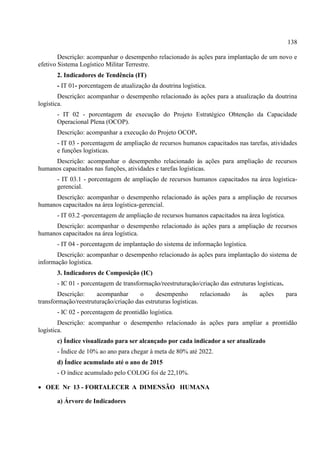 138
Descrição: acompanhar o desempenho relacionado às ações para implantação de um novo e
efetivo Sistema Logístico Militar Terrestre.
2. Indicadores de Tendência (IT)
- IT 01- porcentagem de atualização da doutrina logística.
Descrição: acompanhar o desempenho relacionado às ações para a atualização da doutrina
logística.
- IT 02 - porcentagem de execução do Projeto Estratégico Obtenção da Capacidade
Operacional Plena (OCOP).
Descrição: acompanhar a execução do Projeto OCOP.
- IT 03 - porcentagem de ampliação de recursos humanos capacitados nas tarefas, atividades
e funções logísticas.
Descrição: acompanhar o desempenho relacionado às ações para ampliação de recursos
humanos capacitados nas funções, atividades e tarefas logísticas.
- IT 03.1 - porcentagem de ampliação de recursos humanos capacitados na área logística-
gerencial.
Descrição: acompanhar o desempenho relacionado às ações para a ampliação de recursos
humanos capacitados na área logística-gerencial.
- IT 03.2 -porcentagem de ampliação de recursos humanos capacitados na área logística.
Descrição: acompanhar o desempenho relacionado às ações para a ampliação de recursos
humanos capacitados na área logística.
- IT 04 - porcentagem de implantação do sistema de informação logística.
Descrição: acompanhar o desempenho relacionado às ações para implantação do sistema de
informação logística.
3. Indicadores de Composição (IC)
- IC 01 - porcentagem de transformação/reestruturação/criação das estruturas logísticas.
Descrição: acompanhar o desempenho relacionado às ações para
transformação/reestruturação/criação das estruturas logísticas.
- IC 02 - porcentagem de prontidão logística.
Descrição: acompanhar o desempenho relacionado às ações para ampliar a prontidão
logística.
c) Índice visualizado para ser alcançado por cada indicador a ser atualizado
- Índice de 10% ao ano para chegar à meta de 80% até 2022.
d) Índice acumulado até o ano de 2015
- O índice acumulado pelo COLOG foi de 22,10%.
 OEE Nr 13 - FORTALECER A DIMENSÃO HUMANA
a) Árvore de Indicadores
 